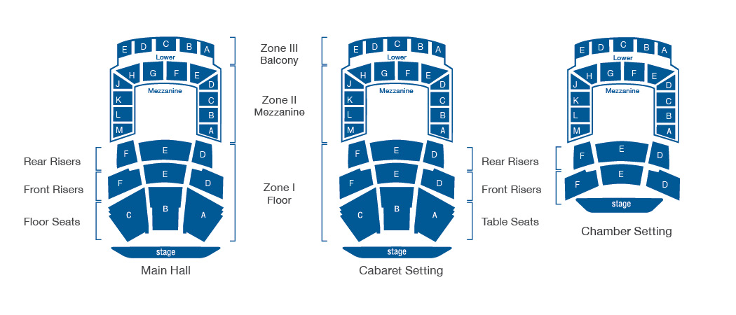Seating charts for Main Hall, Cabaret, and Chamber setups showing labeled zones and seating sections A–M.