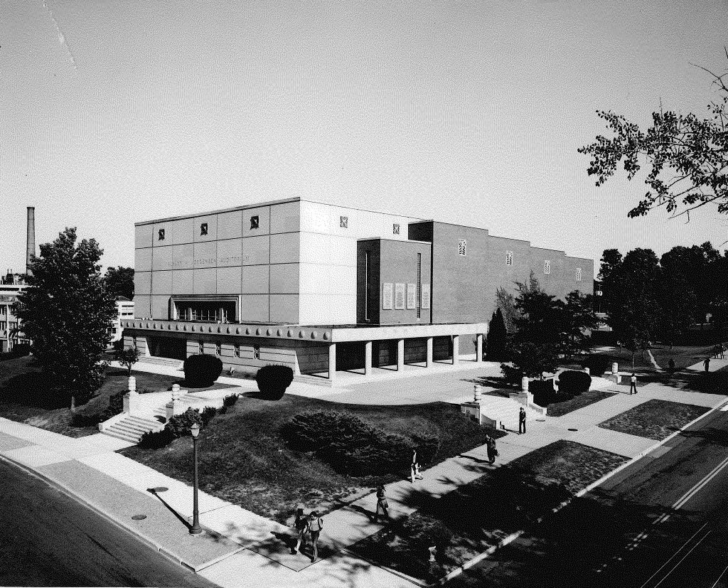 Exterior of the Jorgensen Center for the Performing Arts in an black and white archival photograph.